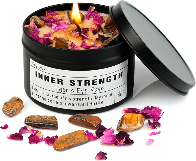 Inner Strength Soy Candle, Vegan Confidence, Focus Crystal, Empowerment Intention Gift, Grounding Meditation Candle. (8oz)