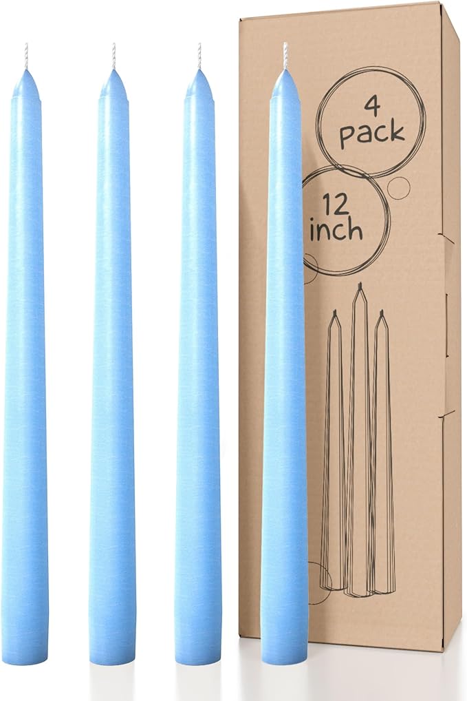 CANDWAX Light Blue 12 inch Taper Candles Set of 4 - Unscented Smokeless Dripless Tapers for Dinner Table, Home Decor, Easter Decor, Party, Wedding and Ordinary Dinners - Spring Candles