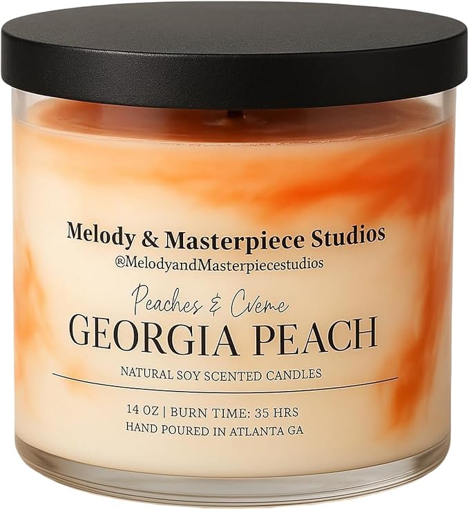 Melody & Masterpiece Studios Scented Candle Jar (14.5oz) – Natural Soy Wax Candle Jar with Lid – Long-Lasting 35 Hours Burn Time – Ideal for Backyard, Patio, Decks & Indoor (Georgia Peach).