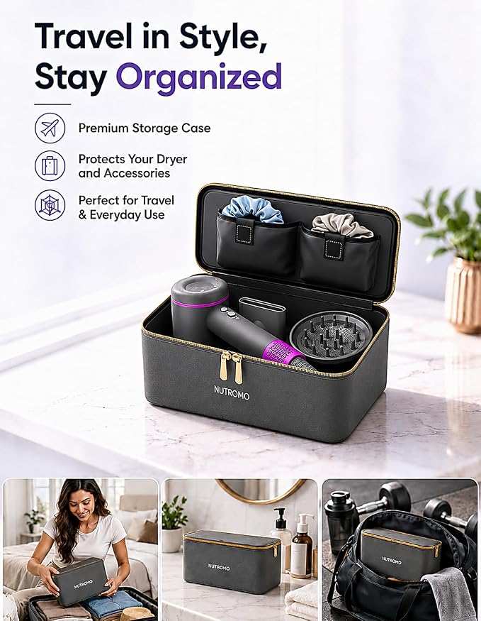 NUTROMO Hair Dryer with Carry Case, 3 Min Fast Drying-160000 RPM Professional High-Speed Ionic Blow Dryer 200 Millions Negative Ionic, Low Noise Hairdryer with Diffuser Nozzle for Home&Travel, Gray