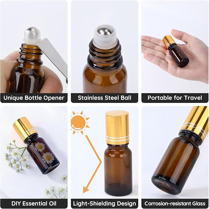 Segbeauty 0.34oz Thick Amber Glass Roll On Bottles for Essential Oils, 5pcs Small Empty Oil Roller Bottles for Eye Essence, 10ml Travel Refillable Roller Ball Applicator, Perfume Oil Rollerball Bottle