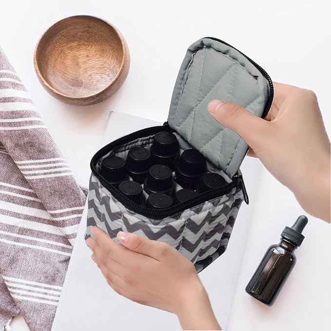 9 Bottles Essential Oil Carrying Case with Thick Foam Protection, Portable and Shockproof Organizer for 5ml to 10ml,15ml Bottles, Nail Polish, Roller Balls and Travel (Chevron Grey)