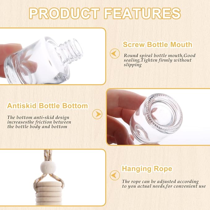 50 Pcs/Set,8ml Hanging Car Air Freshener Diffuser,Empty Refillable Clear Glass Essential Oil Fragrance Perfume Diffuser Pendant Glass Vials with Wooden Caps & Hanging String,Cylindrical Style