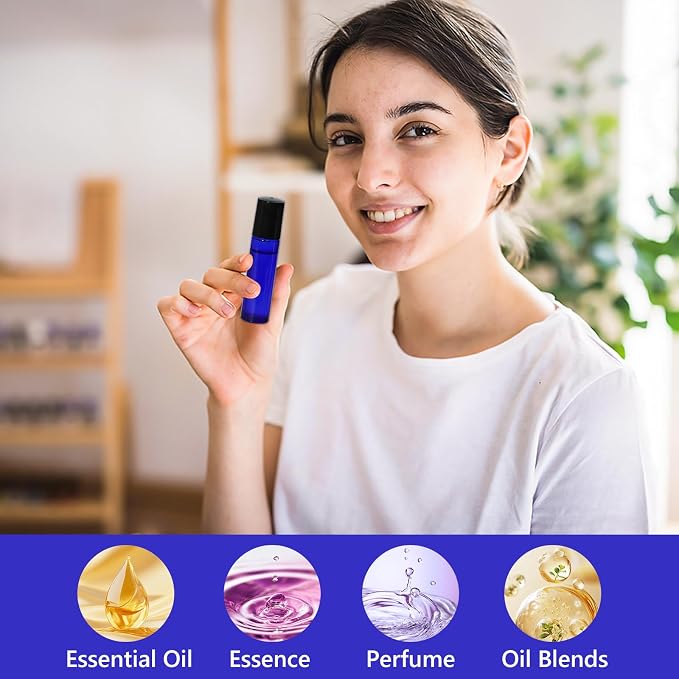 KEYWING 54 Pack Blue Essential Oil Roller Bottles – 10ml Glass Roll-On Bottles with Stainless Steel Roller Balls & Caps, Refillable Perfume Containers for Travel & DIY