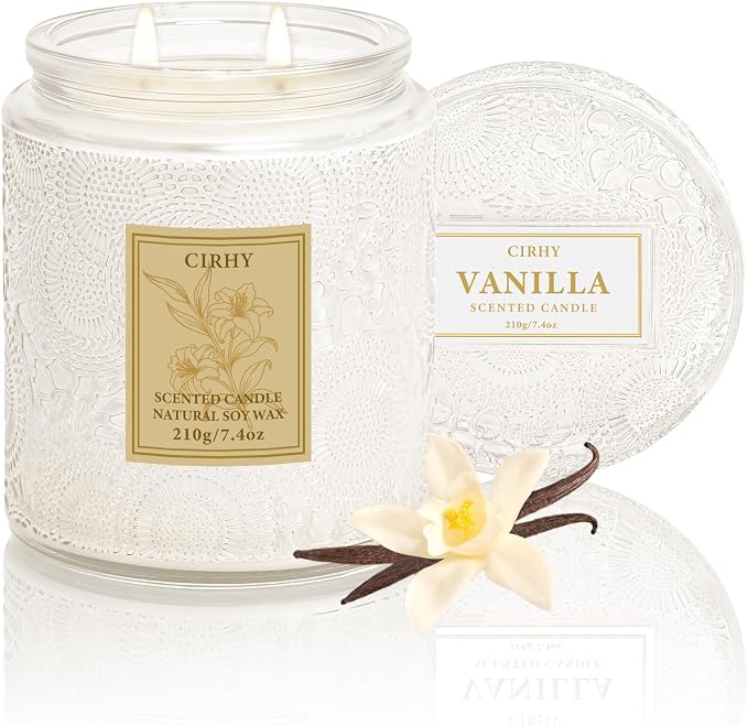 Cirhy Vanilla Scented Candle, White Candle–Home Scented Jar Candle with up to 50 Hour Burn Time, Natural Soy Wax, Dual Cotton Wicks, Aromatherapy for Sleep & Relaxation, Perfect Gifts for Women,7.4oz