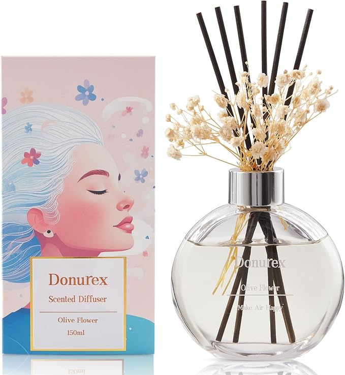 Flower Reed Diffuser Set 5.07oz Olive Flower Scent Diffuser with Sticks Home Fragrance Reed Diffuser for Bathroom Shelf Decor