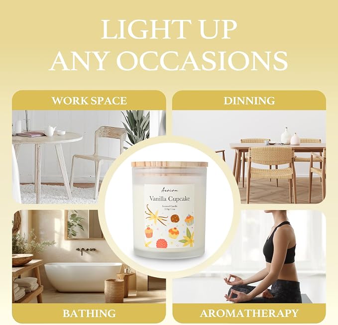 Vanilla Cupcake Scented Candle, 11oz 60 Hour Burn, Natural Soy Wax with Thick Cotton Wick, Highly Scented Aromatherapy Candle for Stress Relief & Meditation, Gifts for Women & Men