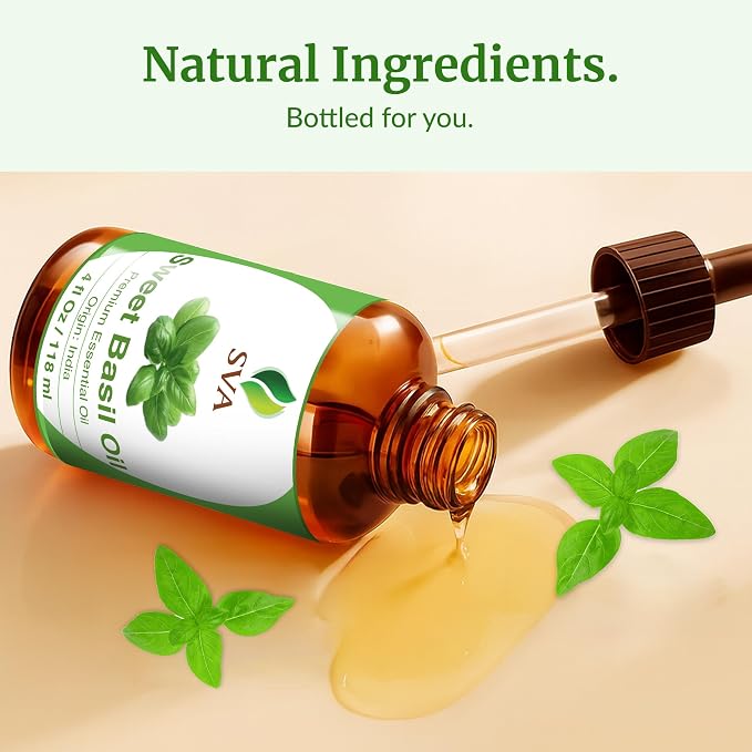 SVA Sweet Basil Essential Oil – 4 Fl Oz – 100% Natural Basil Oil - for Diffuser, Hair Care, Face, Skin Care, Aromatherapy, Scalp and Body Massage, Soap and Candle Making – with Dropper