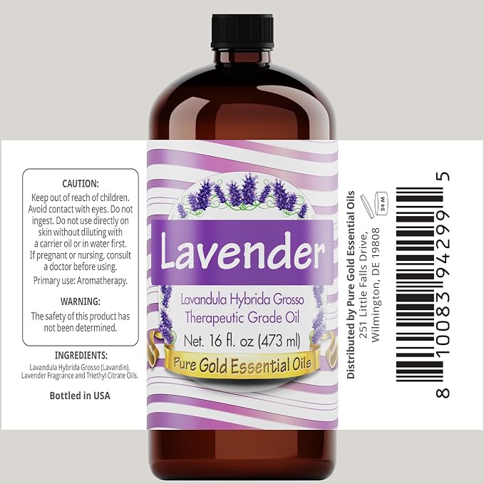 Pure Gold Essential Oils - Bulk 16oz - Perfect as Lavender Oil Spray & for Creating Relaxing Atmosphere - Oil for Cleaning - Large Bottle - Burning Oil