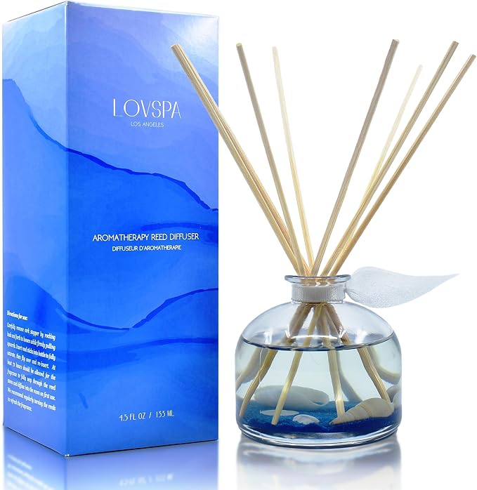 Reed Diffuser Set, Escape Beach Getaway Scented Oil Diffuser with Sticks, Home Fragrance Accessories for Bathroom Shelf Decor, Aroma Diffusers for Home or Office Desk, USA Made