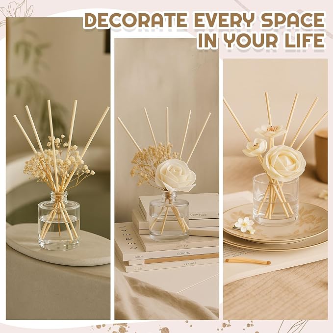 Daifunli 11 Pcs Flower Reed Diffuser Set Include Sola Flowers Diffuser Sticks with 5oz Empty Design Bottles Fragrance Rice Paper Natural Flower for Bedroom Office Bathroom Shelf Decor Gift(Elegant)