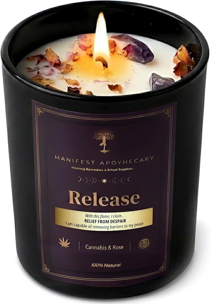 Aromatherapy Scented Candle for Women & Men - Infused with Rose Petals, Cannabis, & Amethyst Crystals - 100% Cotton Wick, 50 Hrs Burn Time & 10.5 Oz Hand-Poured Soy Candle for Relaxation & Mindfulness