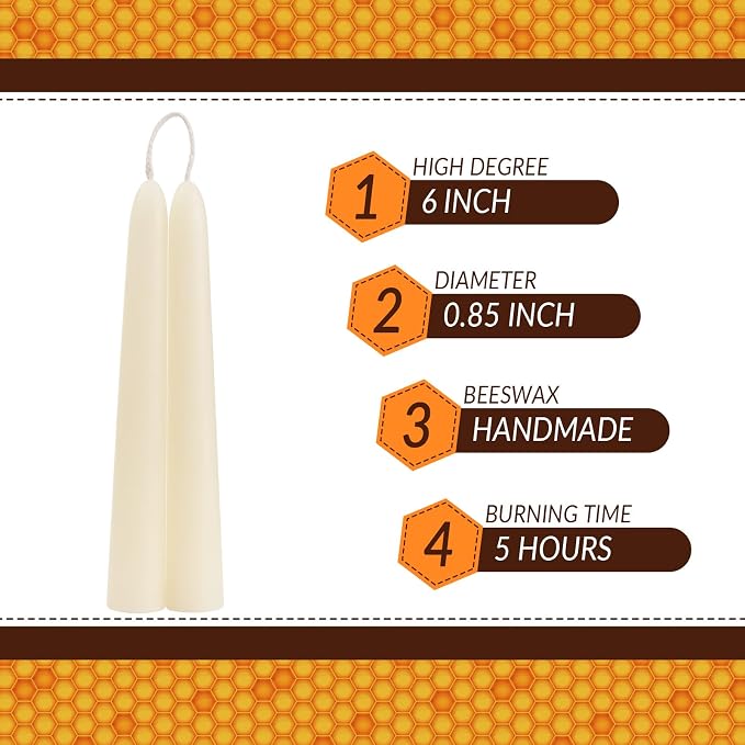 DEYBBY 6 inch Short Natural White Beeswax Candles Set of 12, Smokeless Dripless Pure Organic Beeswax Taper Candles for Dinner Decoration Ritual Emergency (Cream)