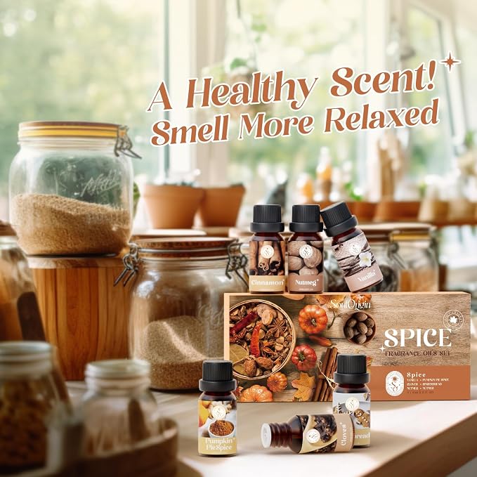 Soulorigin Autumn Spice Essential Oils Set – Cozy Fall Fragrance Oils for Diffuser & Candle Making – Cinnamon, Vanilla, Pumpkin Pie, Nutmeg, Clove, Gingerbread – Warm Home Aroma & Gift Set