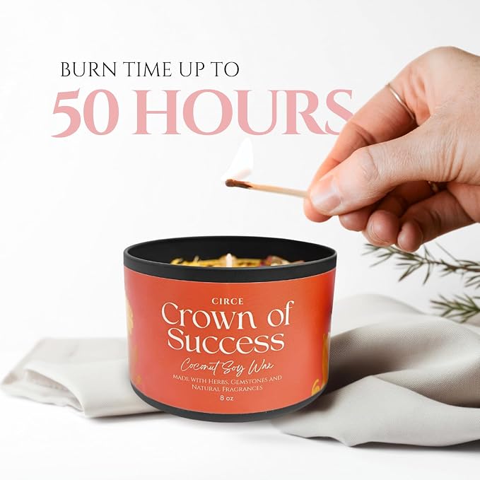 Circe Spell Candle “Crown of Success” Coconut Soy Wax Candle Jar – Premium Hand Poured & Long Burning – Herbs, Crystals & Natural Fragrance Oils - Attract Confidence & Abundance - Self Care, Gift- 8oz