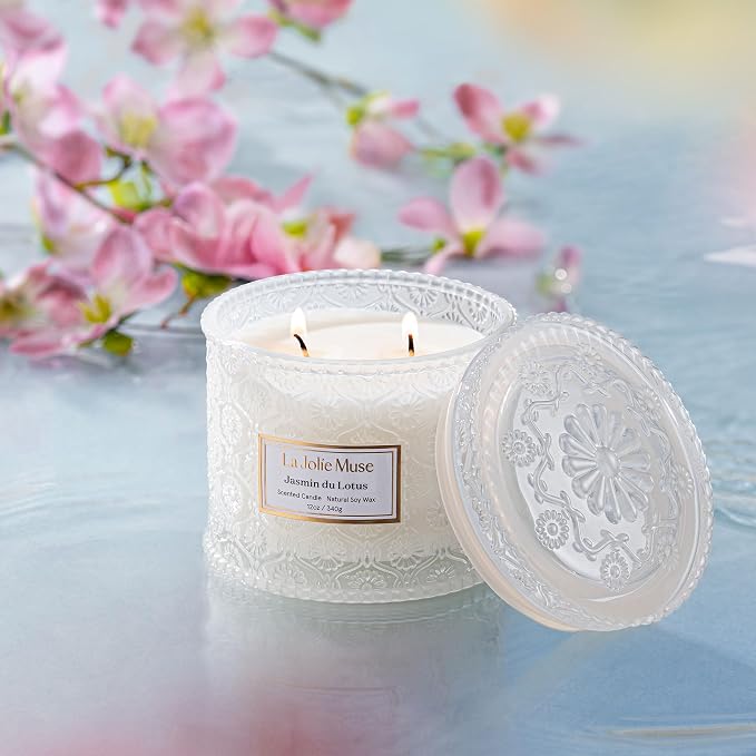 LA JOLIE MUSE Jasmine Lotus Scented Candles for Home, Natural Soy 2-Wick | Large Jar Luxury Candle, Clean Non Toxic, Gift for Women & Mom, Decorative White Candles, Pretty Floral Engaged Candle, 12 oz