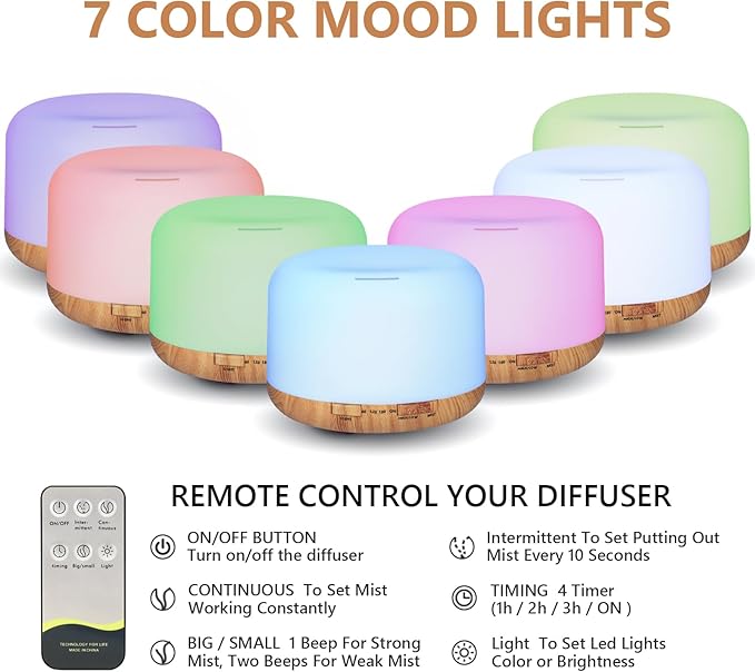 SACATR 500ML Aroma Diffuser for Home, Ultrasonic Quiet Essential Oil Diffuser with 36 Natural Oils, 15 LED Colors, Remote Control & Auto Shut-Off for Home Office Decor Gift