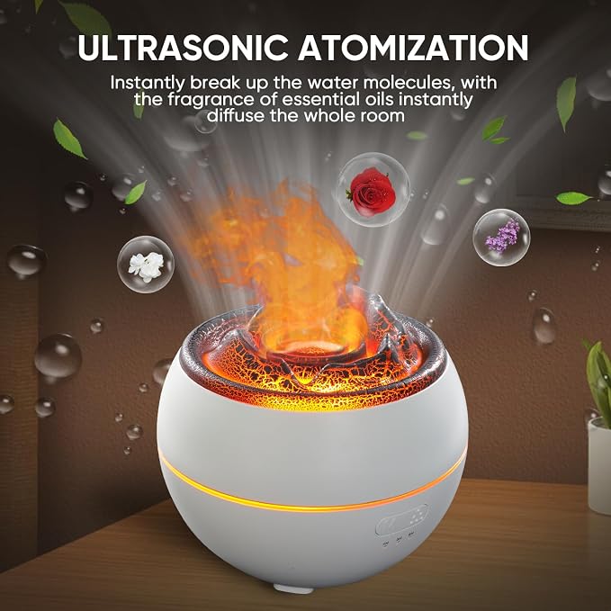 YALEDI Essential Oil Diffuser, Volcano Flame Fire Oil Diffuser, 360ml Ultrasonic Cool Mist Aromatherapy Humidifier, Scent Diffuser with 7 Colors Light, Timer & Auto Shut-Off for Home, Room (White)