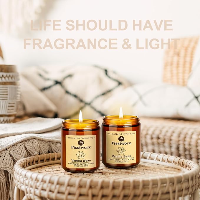 Fissiworx Vanilla Scented Candle Set 2 Pack, Candle for Home Scented, Odor Eliminating, Stress Relief, 15oz, 110 Hours Long Lasting Candles, Soy Candle Gift Set for Women