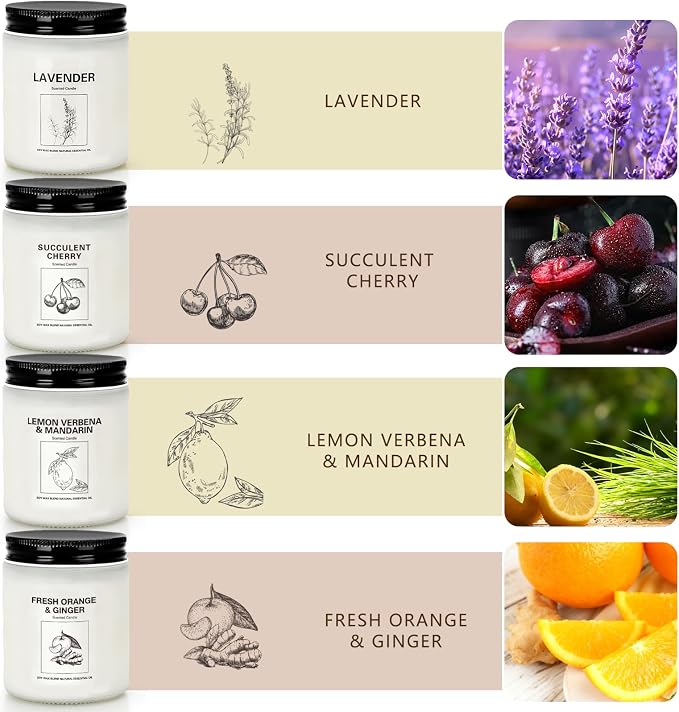 Soy Wax Scented Candle Gift Set, 4 Pack Lavender, Orange & Lemon Scents, Long Lasting Aromatherapy Candles for Home, Relaxing Gifts for Women, Perfect for Holiday, Thanksgiving & Christmas
