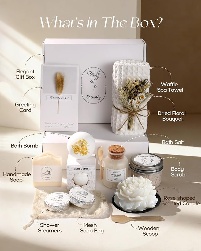 Coconut Spa Gifts for Women - 12pc Self-care Spa Gift Basket with Bath Salt, Greeting Card - Thinking of You Basket for Her Birthday, Christmas, Mother's Day, Valentine's Day