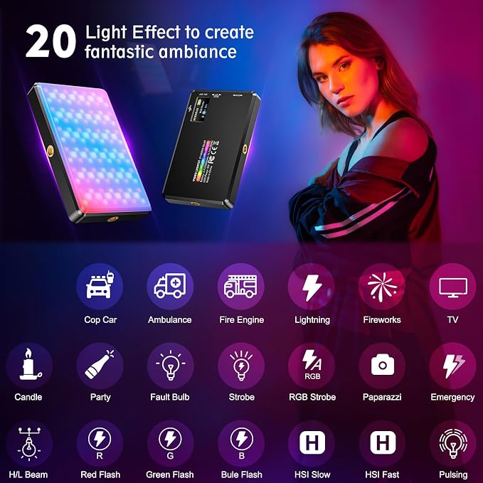 120 RGB Video Light, Photography Light, Color Temperature 2500-9000K 360° Full Color with 20 Lighting Effects, 3000mAh Battery, OLED Display, DSLR Lighting for TikTok, Photography, Video Conference