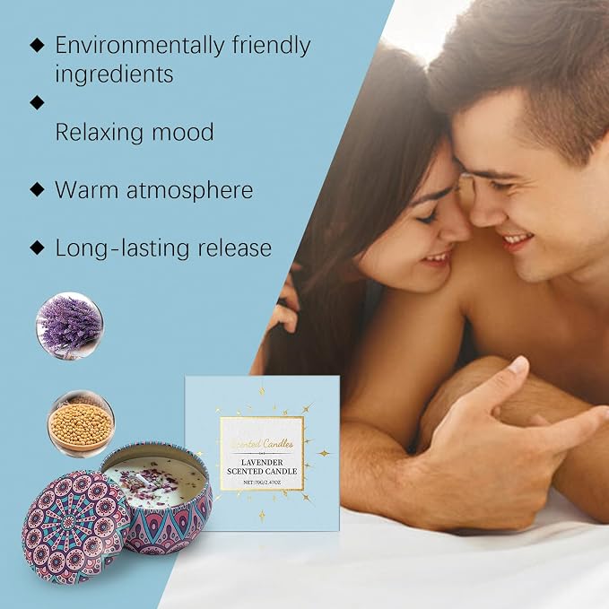 Lavender Scented Travel Candles in Tins Mini - 100% Soy Wax with French Provence Lavender Oil, Aromatherapy Candle for Sleep Aid, Anxiety Relief & Yoga Meditation, Ideal for Bath, Home Decor & Gifting