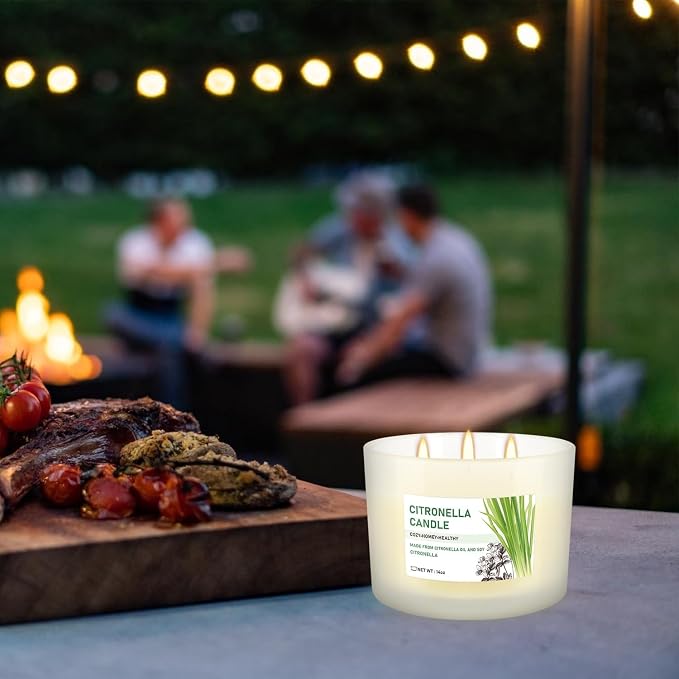 Citronella Candle Set of 2, 14oz Frosted Jar Triple-Wick, Clean & Smokeless for Outdoor Patio, Garden, Deck, Porch Ambiance with Natural Citronella Scent