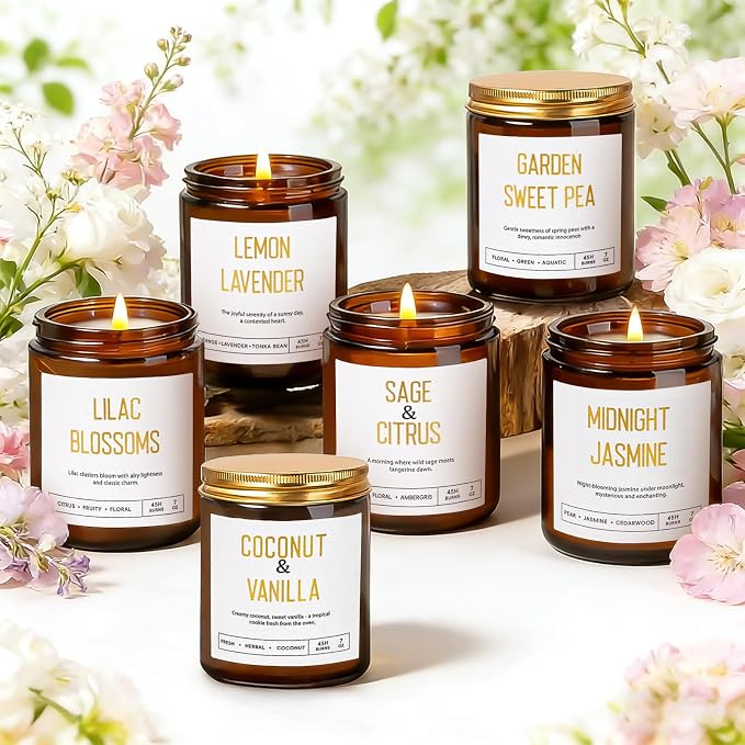 Candles for Home Scented - Soy Candles Non Toxic, 6 Pack Candle Gift Set, Long Lasting Scented Candles with Lavender, Lemon, Vanilla, Coconut, Jasmine, Sage -Floral & Fruity Scents
