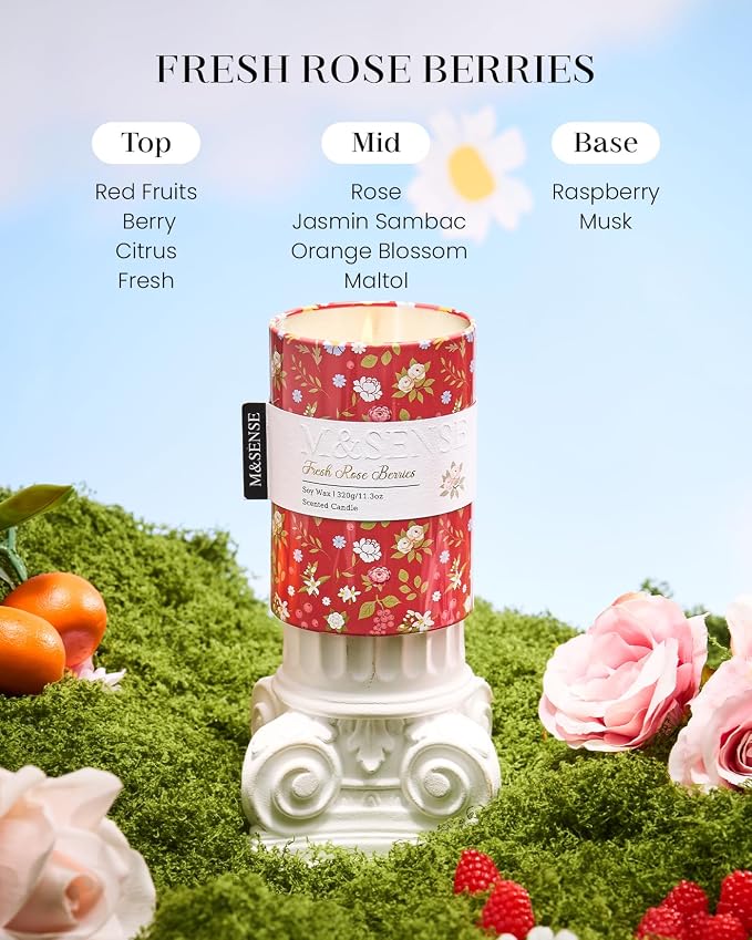 M&SENSE Spring Candle, Fresh Rose Berries Scented, 11.3 oz | Non-Toxin Soy Wax, Floral Candles Gift for Women, Up to 70 Hours Burning, Long-lasting Fragrance