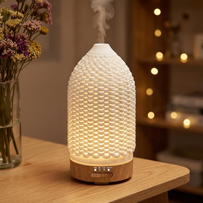 VICTORIA AROMA Ultrasonic Essential Oil Diffuser 100ML 3D Printing Ceramic - Cool Mist Humidifier, 7-Color LED Lights, 3 Timer & Auto Shut-Off, Ideal Gift for Home Bedroom Office (White)