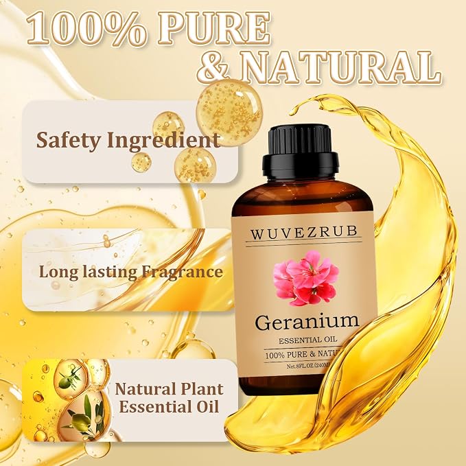 Geranium Essential Oil 240ML - 100% Pure and Natural Oils for Aromatherapy Diffuser - 8 Fl Oz/Geranium