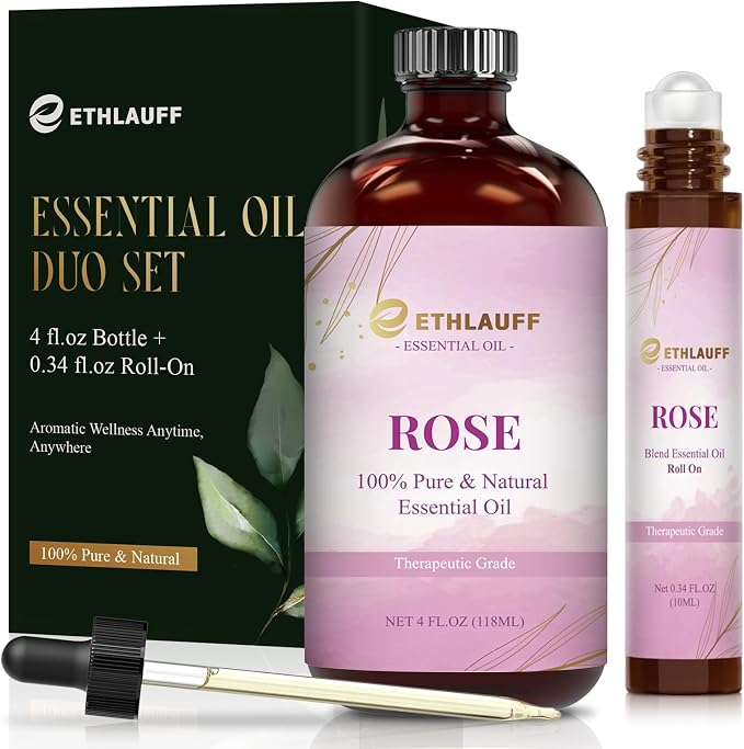 Rose Essential Oil, 100% Natural Rose Oil Premium Grade for Diffusers, Skin Care, Massage, Humidifiers, DIY Candles, Soap Making, with Glass Dropper