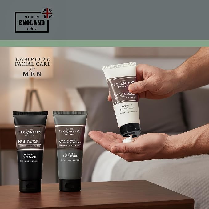 Pecksniff’s Men’s Trio Face Collection – Bourbon & Mandarin – Face Wash, Face Scrub & Shave Balm Gift Set, 3 x 75ml