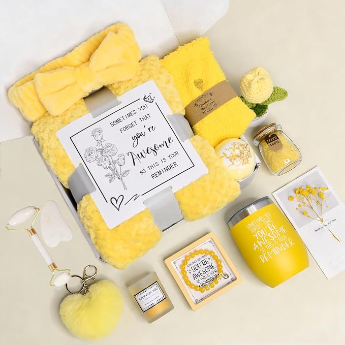 Self Care Gifts Baskets Women, 16PCS Get Well Soon Gift Box Relaxing Spa Set Care Package for Birthday, Valentines Day, Mothers Day, Christmas Gifts for Mom Girlfriend Sister Wife Grandma (Yellow)
