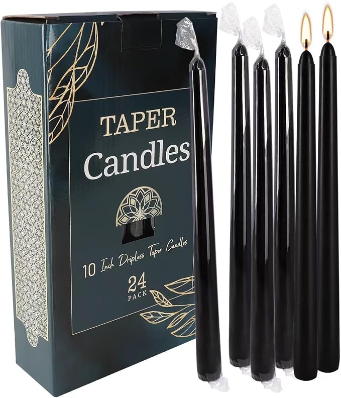 YOROXRG 24 Pack Black Taper Candles, 7-8 Hours Burn Time, Unscented, Smokeless and Dripless, 0.75 x 10 Inch Dinner Candle Set for Halloween, Household, Wedding, Party and Home Décor Candlesticks