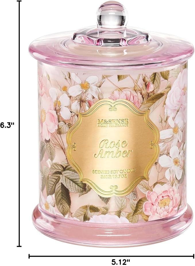 M&SENSE Rose Amber Candle 12.7oz Romantic Gift 2 Wick | Organic Soy, Non-Toxic, Relax Scent, Ideal Gifts for Women, 75 Hours Long Lasting