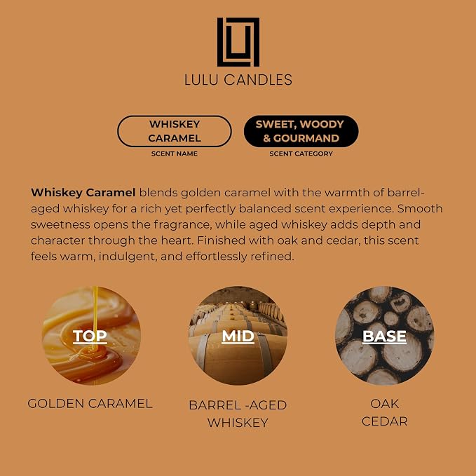Lulu Candles | Whiskey Caramel | Smells Woody & Sweet | Luxury Scented Soy Jar Candle | Hand Poured in The USA | Highly Scented Long Lasting (9 Oz.)