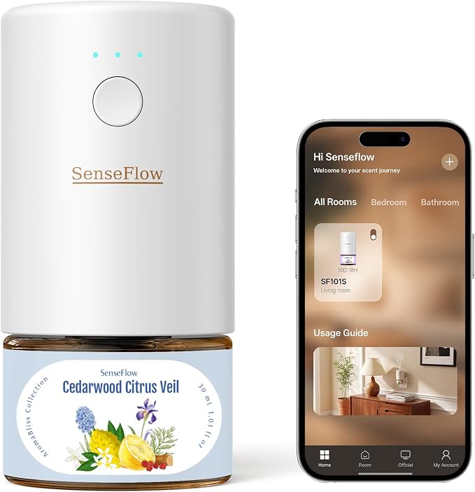 Essential Oil Diffuser for Home, Smart Waterless Aromatherapy Diffuser SF101S Pro, Plug in Room Scent with Timer & 120-Day Natural Aroma, Covers 1000 Sq Ft – Free 30ml Cedarwood Citrus Veil