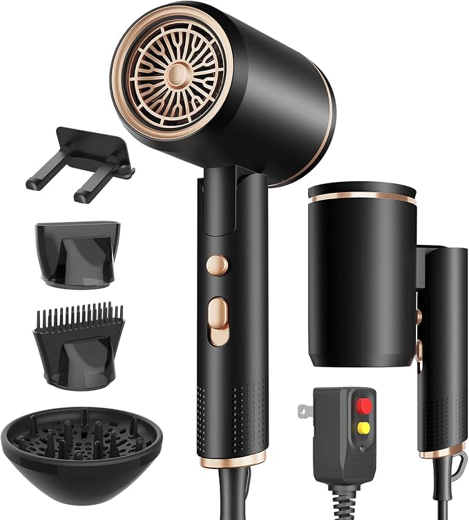 Foldable Portable Ionic Hair Dryer 1600W - Compact Mini Blow Dryer with Diffuser, Concentrator & Comb Nozzle, Intelligent Temperature Control, Low Noise for Home, Salon & Travel (Black)