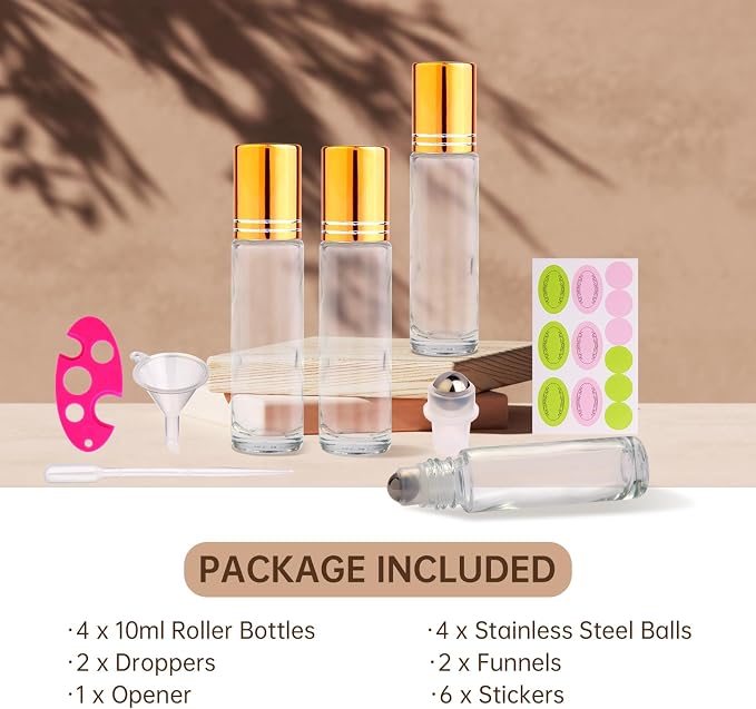 inice 10ml Roller Bottles for Essential Oils Thick Clear Glass Roll on Bottle Applicator Stainless Steel Ball Metal Cap Daily Care (Clear Rolelr Bottles)