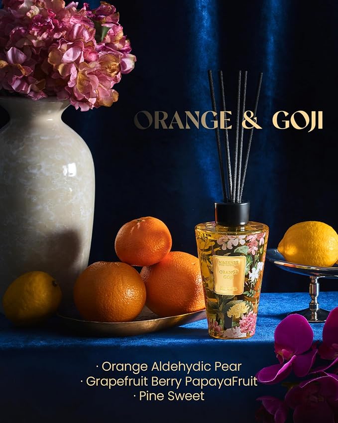 M&SENSE Orange Goji Reed Diffuser Set - 8.79fl oz Home Fragrance Non-Toxic Essential Oil Diffuser with Sticks, Air Freshner Gifts for Family Friends with Long Lasting Fragrance