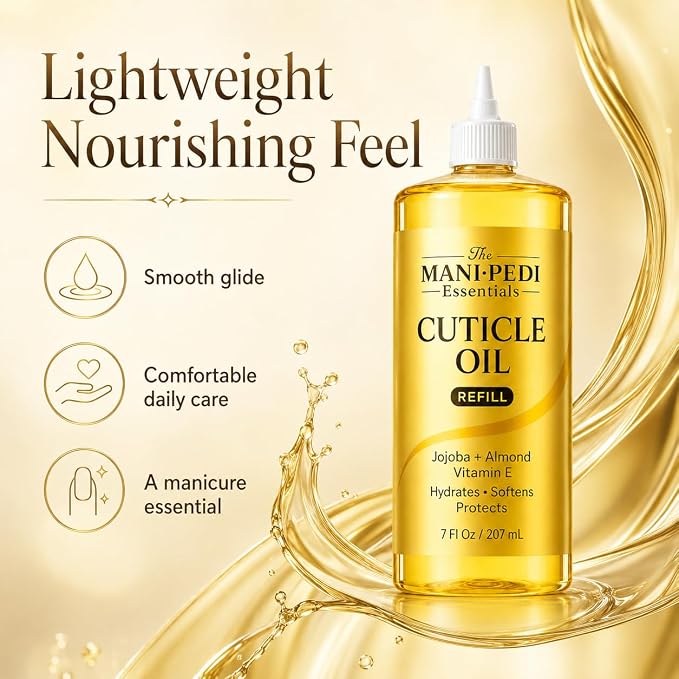 Professional Cuticle Oil Refill/Bulk Pack with precision nozzle for easy refilling - 7 Fl Oz. Enriched with Jojoba Oil, Vitamin E & Sweet Almond Oil. Nail Tech Supplies for Nourished Nails & Cuticles