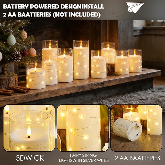 kakoya Flameless LED Candles with Timer 12 Pc Flickering Flameless Candles for Romantic Ambiance and Home Decoration Stable Acrylic Shell,with Embedded Star String，Battery Operated Candles(White)