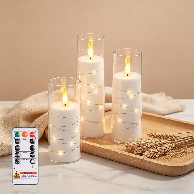 Raycare Flameless Candle with Remote Timer, 3 Flickering Acrylic Battery Operated LED Pillar Candles with Embedded Star String for Home Decor, Christmas, Wedding, Home Table Decor(White)