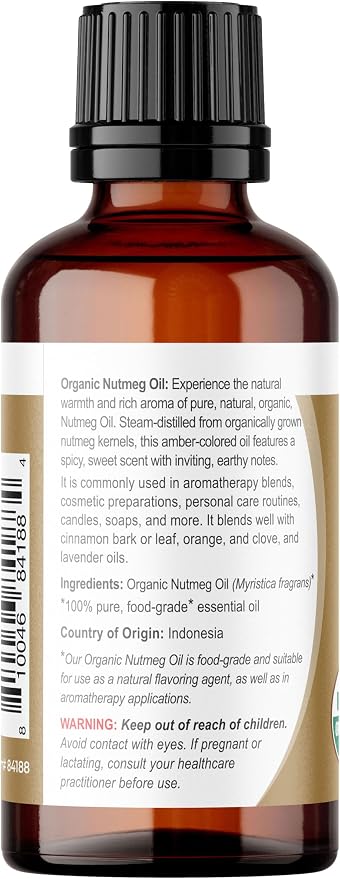 Viva Doria Nutmeg Essential Oil, USDA Certified, Organic Nutmeg Oil, 100% Pure, Natural Essential Oil, Undiluted, for Aromatherapy | Food Grade, 30 mL (1 Fluid Ounce)