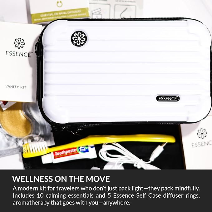 Essence Travel Amenity Kit | Travel Essentials & Travel Size Toiletries Kit | 5-Pack Nasal Diffuser Rings, Sleep Mask, Lotion & Hygiene Kit | Travel Toiletry Kit for Women | White Case