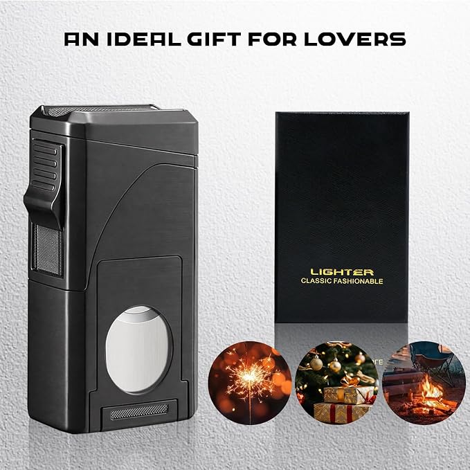 6-in-1 Triple Jet Butane Torch Lighter Built-in V & Straight Cutter, Punch, Holder, Draw Enhancer, Refillable Lighters and Windproof Gas Lighter for Candles, Cool Lighter for Men (No Gas)
