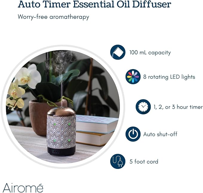 Airome Ceramic Essential Oil Diffuser with Timer|100 mL Humidifying Ultrasonic Aromatherapy Diffuser 8 Colorful LED Lights, Two Mist Modes, Timed Shut-Off, Geometric