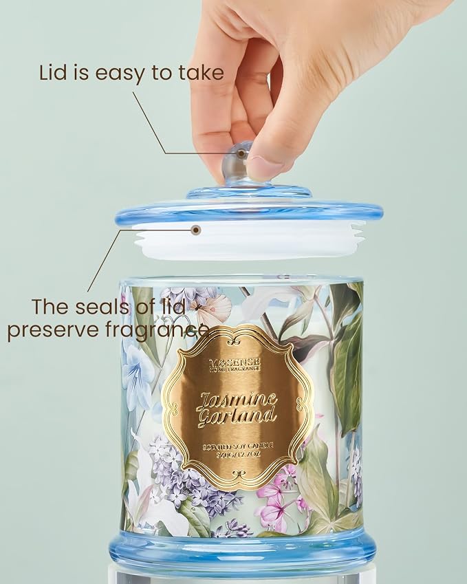 M&SENSE Jasmine Garland Scented Candle 12.7oz Slow Burning 2 Wick | Natural Soy, Non-Toxic, Gentle Floral Scent, Gift for Women, 75 Hour Home Fragrance